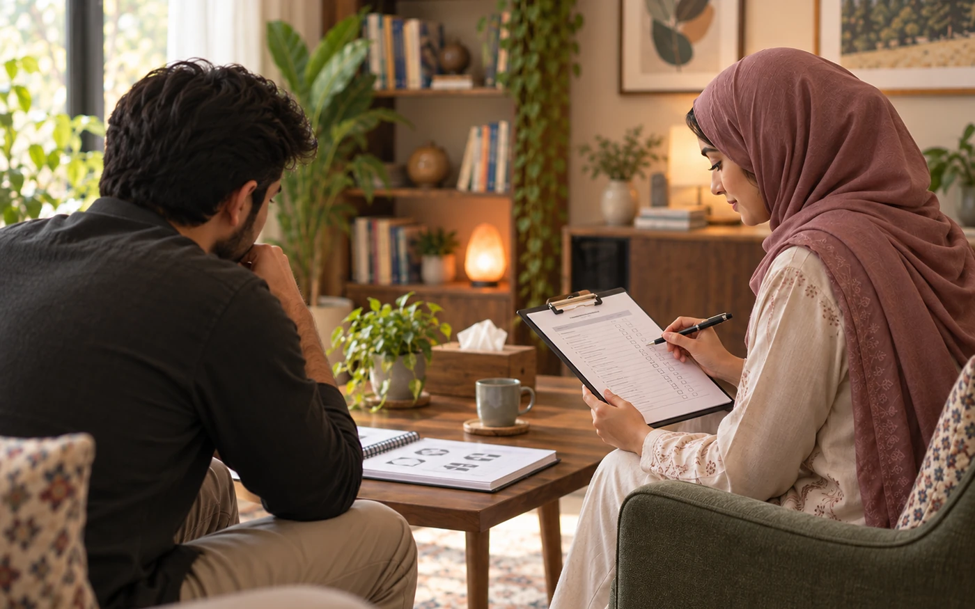 Young hijabi clinical psychologist completing structured notes during a psychological assessment with an adult client.