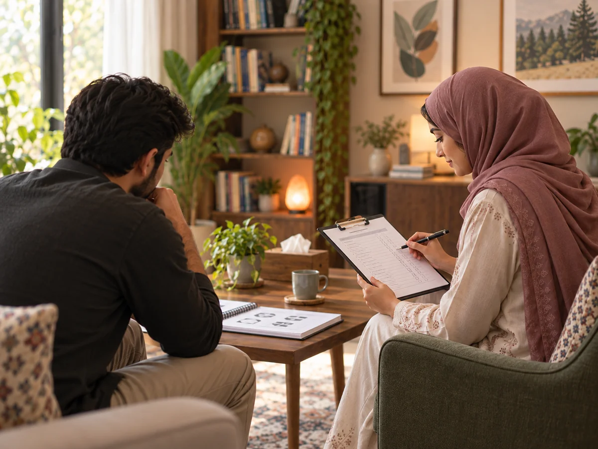 Young hijabi clinical psychologist completing a structured psychological assessment with an adult client.