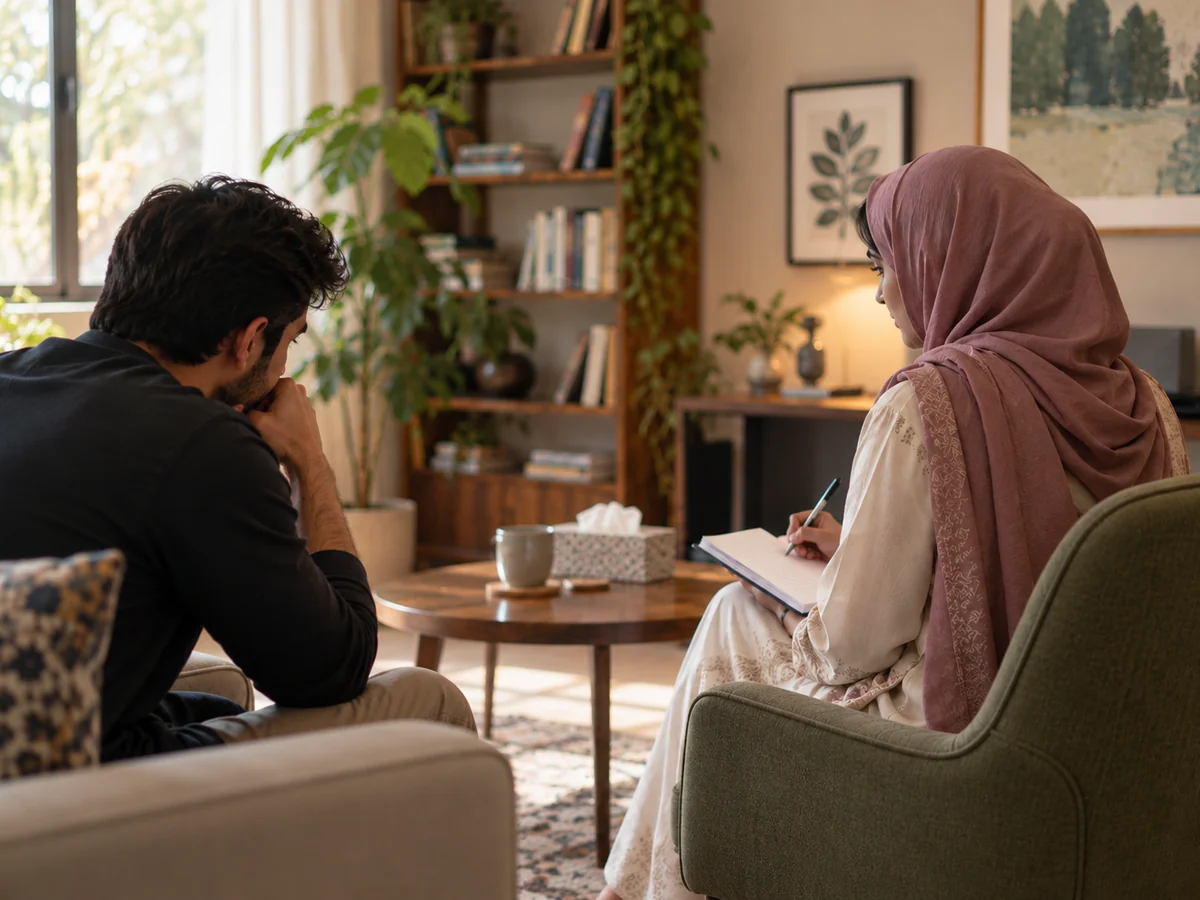 Young hijabi clinical psychologist in a focused side-view psychological consultation with an adult client.
