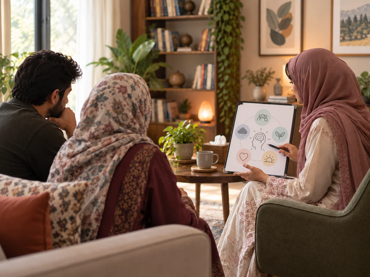 Young hijabi clinical psychologist guiding adult family members during a parental consultation.