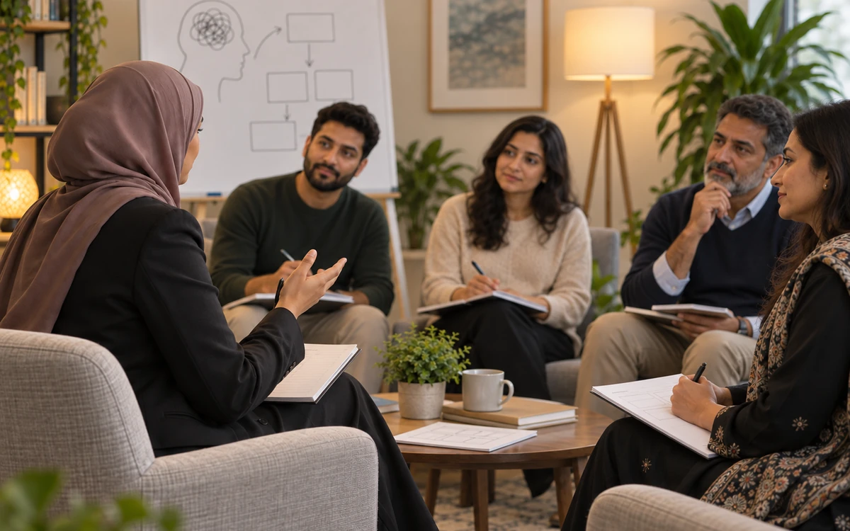 Young hijabi psychology trainer leading a small-group anger-management and emotional-regulation discussion.