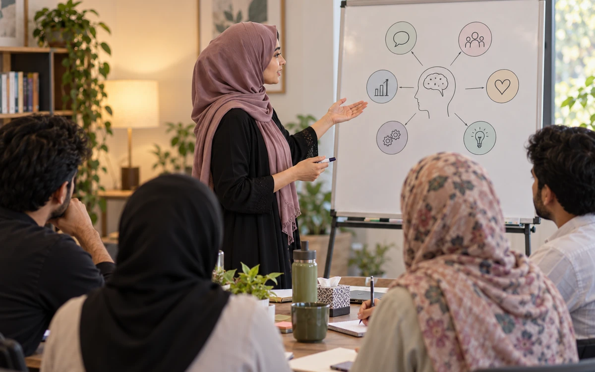 Young hijabi psychology trainer facilitating a DBT skills discussion with adult Pakistani and South Asian learners.