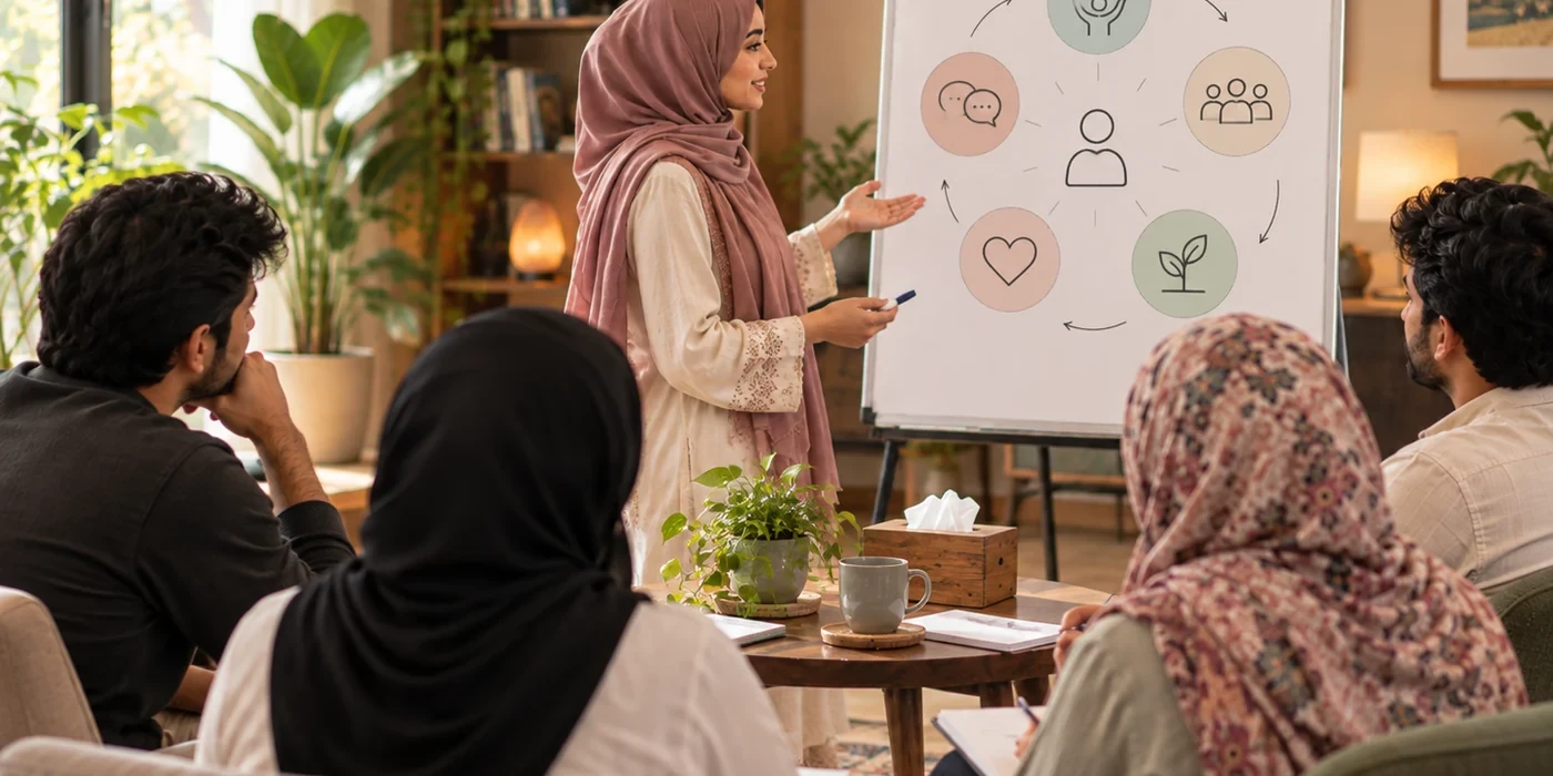 Young hijabi psychology trainer presenting practical mental-health skills to a small adult learning group.