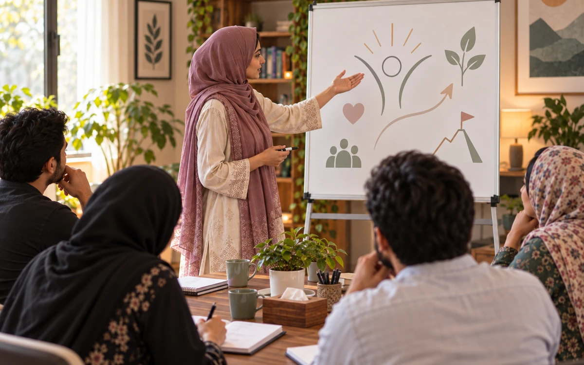 Young hijabi psychology trainer presenting a personal-growth and self-esteem learning activity to adult participants.